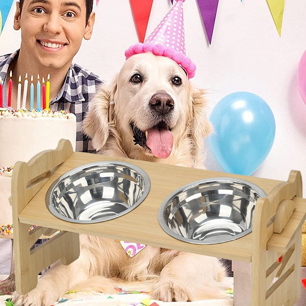 Nuevo bambú para perros y gatos, perros y gatos, doble tazón, perros pequeños y medianos, marco de madera ajustable para perros y gatos, protector de perros, comedor de comida