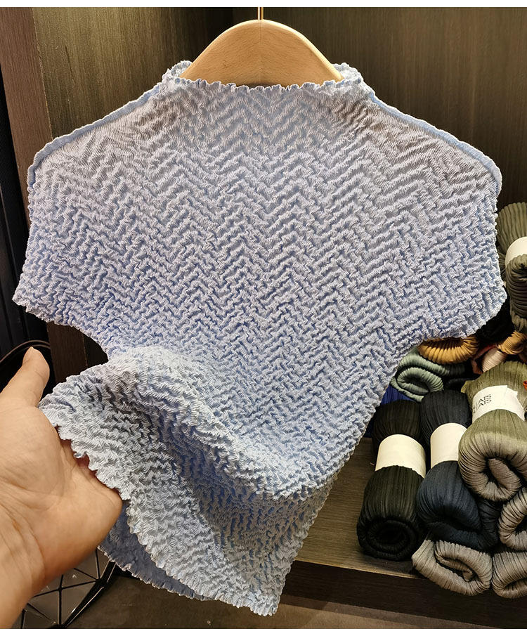 Áo thun nữ cổ tròn tay ngắn họa tiết dứa jacquard xếp ly mùa hè — Màu xanh lam nhạt, Màu xanh lục nhạt, Màu đen, Màu trắng be chi tiết 15