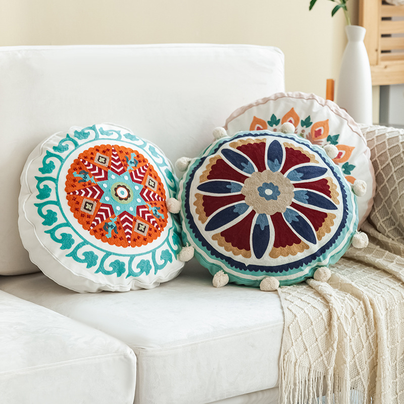 摩洛哥民族手工刺绣圆形靠枕沙发客厅装饰印度东南亚风飘窗抱枕套