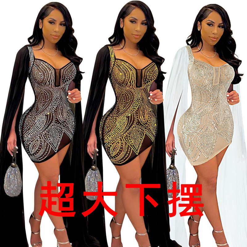 Vk2203 European and American Cross-Border Women's Clothing Hot Diamond See-Through Slim Dress Ebay