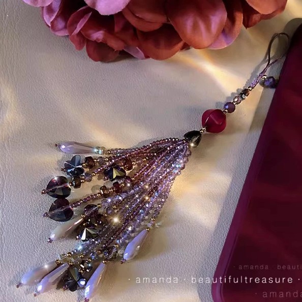 Crystal Bag Hanging Jewelry ~ Purple Tassel Keychain Handmade Mobile Phone Pendant U Disk Lanyard Accessible Luxury Antique Pendant for Women