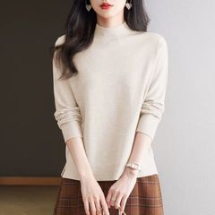 安迪绒秋冬新款半高领针织衫毛衣女长袖上衣下摆开叉内搭打底衫女