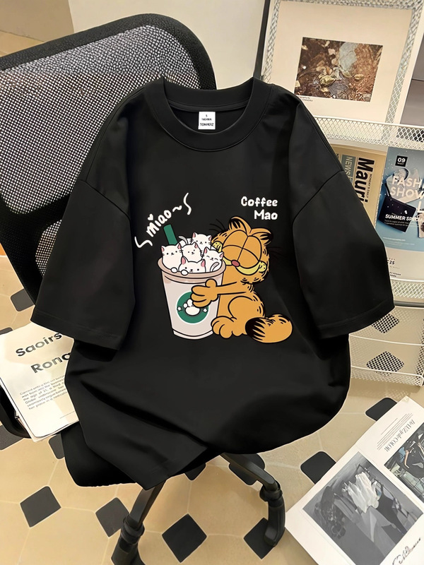 美式卡通加菲猫喝奶茶t恤男女宽松冰柔棉半袖上衣ins冰柔棉短袖|undefined