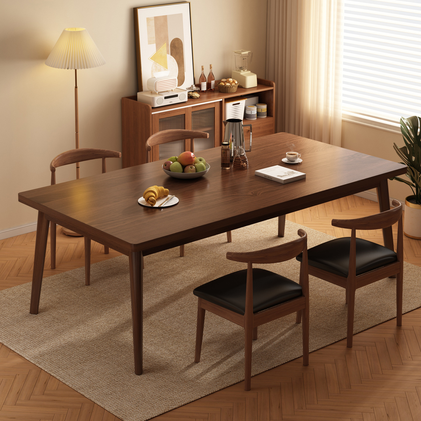 Mesa y silla de comedor de pierna de madera sólida, mesa de tablero de color nuez de estilo pequeño, 2026 nueva mesa rectangular