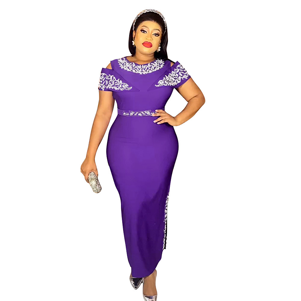 Robe longue moulante élégante ornée de strass et de manches cape - Mode africaine grande taille pour femmes, idéale pour le travail et les soirées_voghion.com