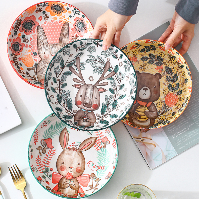 Jingdezhen bajo vidriado placa de cerámica lindo pintado a mano conejo chica cena placa Navidad estilo hogar Internet celebridad vajilla