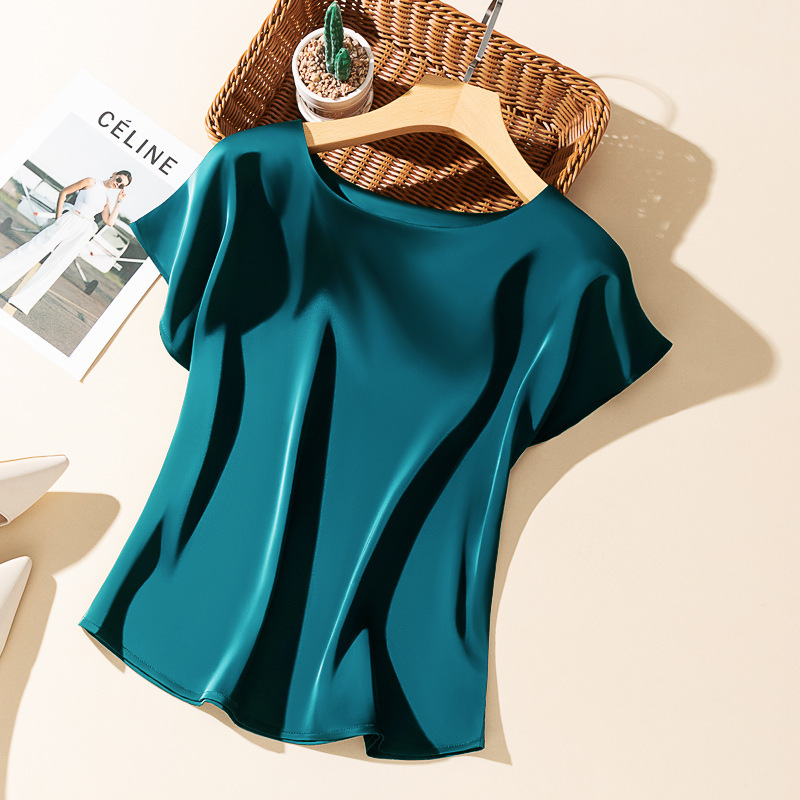 2025 New Summer Style Silky Acetate Satin Round Neck T-Shirt Women's Loose Top Lazy Style Versatile Silk Ol Shirt 2025 New Summer Style Silky Acetate Satin Round Neck T-Shirt Women's Loose Top Lazy Style Versatile Silk Ol Shirt