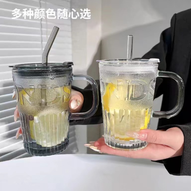 Glass Water Cup with Girl Handle, Lid, Carving Straw Cup, New Men's Home Office Milk Tea Cup
