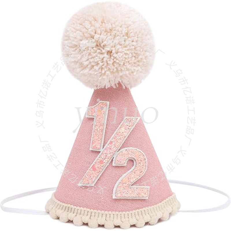 Sombrero de cumpleaños para bebé simple 1/2 gorra de bola de piel linda gorra de fiesta de cumpleaños de medio año para niños gorra triangular no tejida