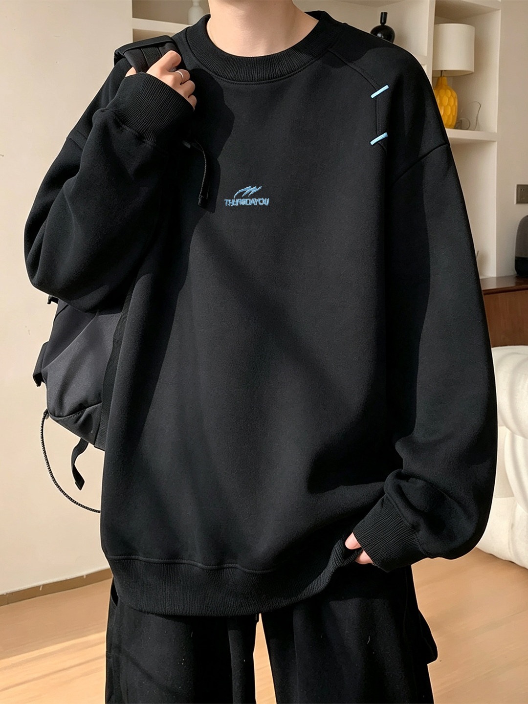 设计刺绣美式宽松外套卫衣男秋季感复古重磅解构潮牌上衣圆领黑色