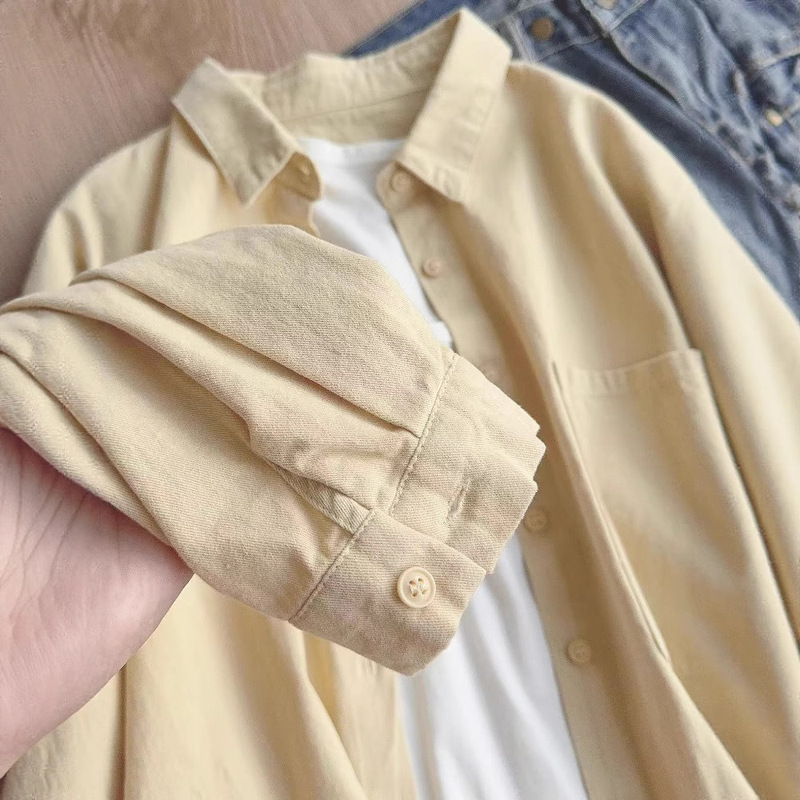 Apricot-Colored Pure Cotton Shirt for Women, Loose and Versatile, Slimming and Covering-Up, Cardigan Top, Vintage Mid-Length Style