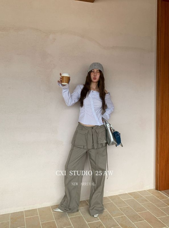 CXI休闲工装裤女秋季新款INS宽松显瘦百搭高街阔腿裤垂感小众设计|undefined