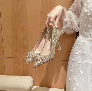 316-A98 new silver high heels women's stiletto heel Rhinestone Button bridal shoes plus size widened bridesmaid shoes women