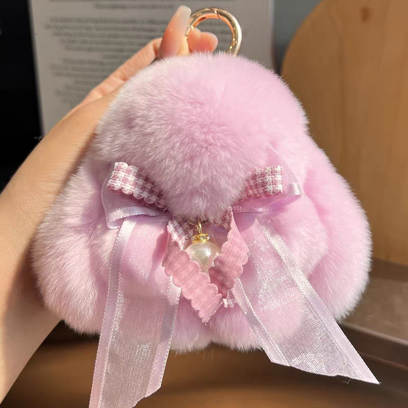 Cute conejo real peludo arco perla pequeño conejo llavero de coche colgante muñeca de peluche bolsas colgante