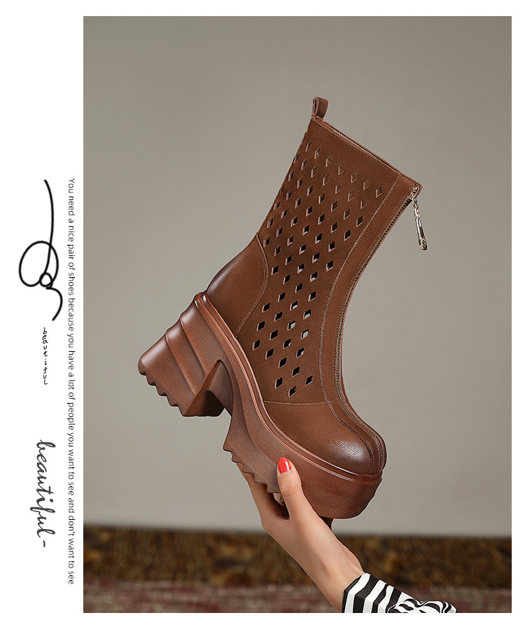 Boot nữ cổ điển khóa kéo phía trước gót dày 10 cm — Màu nâu chi tiết 8