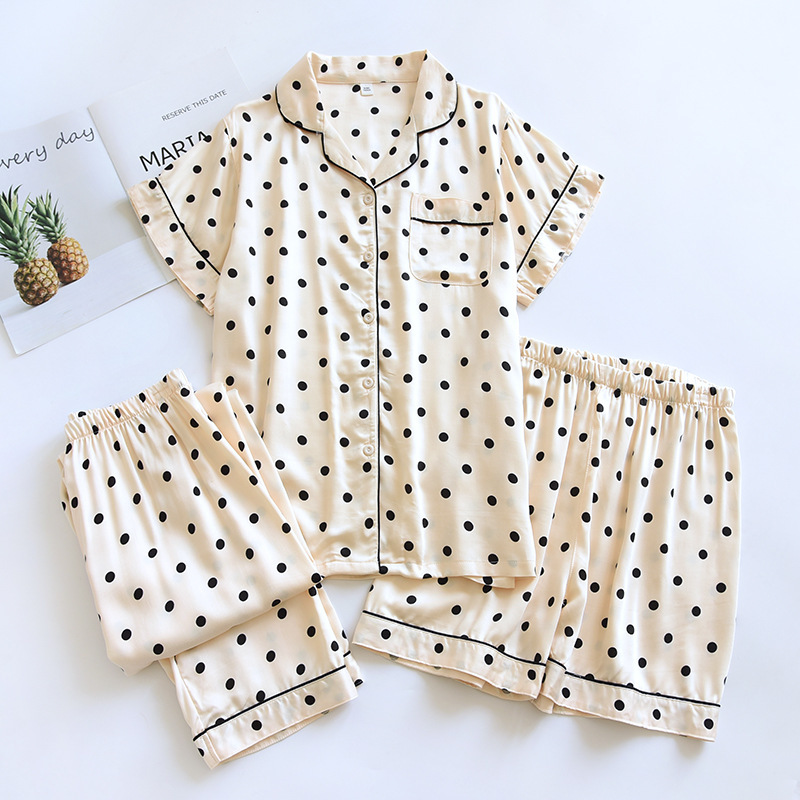 New Style Rayon Satin Women's Printed Short-Sleeved Lapel Pajamas Set Home Clothes Cotton Silk Cardigan Style Three-Piece Set New Style Rayon Satin Women's Printed Short-Sleeved Lapel Pajamas Set Home Clothes Cotton Silk Cardigan Style Three-Piece Set