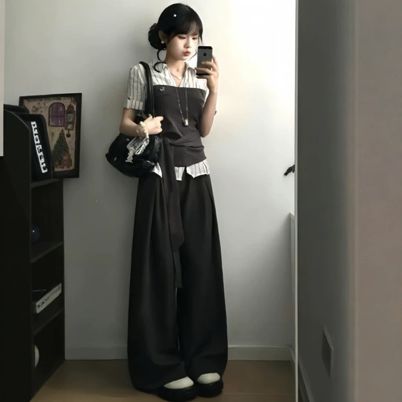 Korean high street style layered black and white patchwork tie-dye striped short-sleeve shirt + high-waisted drapey wide-leg pants two-piece set