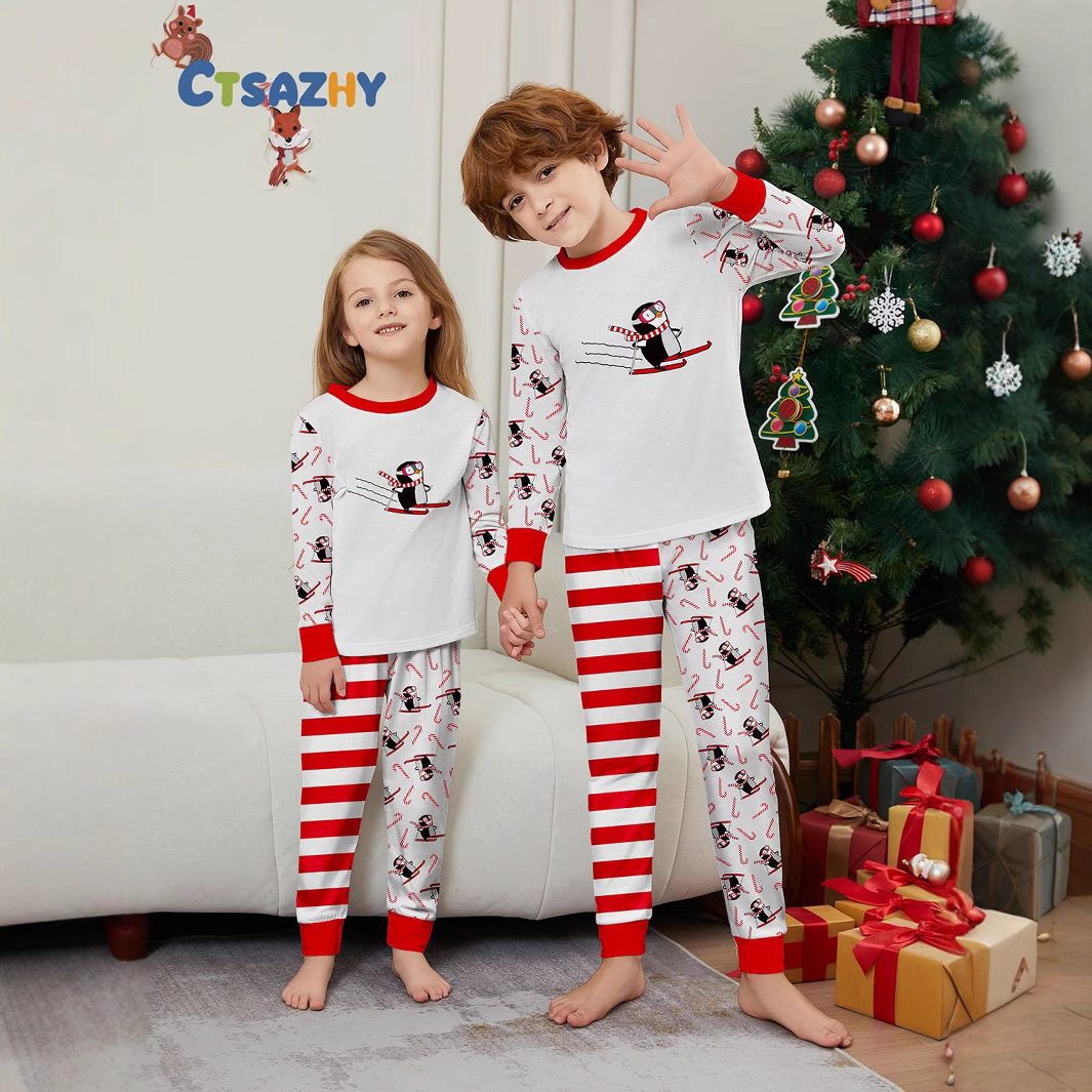 Kerst Pinguïn Candy Cane gestreepte Kerst Familie pak bedrukte homewear pyjama_voghion.com