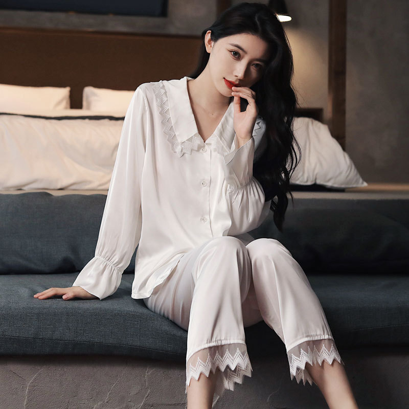 2022 New Arrival Pajamas Women's Spring Summer Autumn Thin Sexy Long-Sleeved Ice Silk Long-Sleeved Two-Piece Home Clothes French Style 2022 New Arrival Pajamas Women's Spring Summer Autumn Thin Sexy Long-Sleeved Ice Silk Long-Sleeved Two-Piece Home Clothes French Style