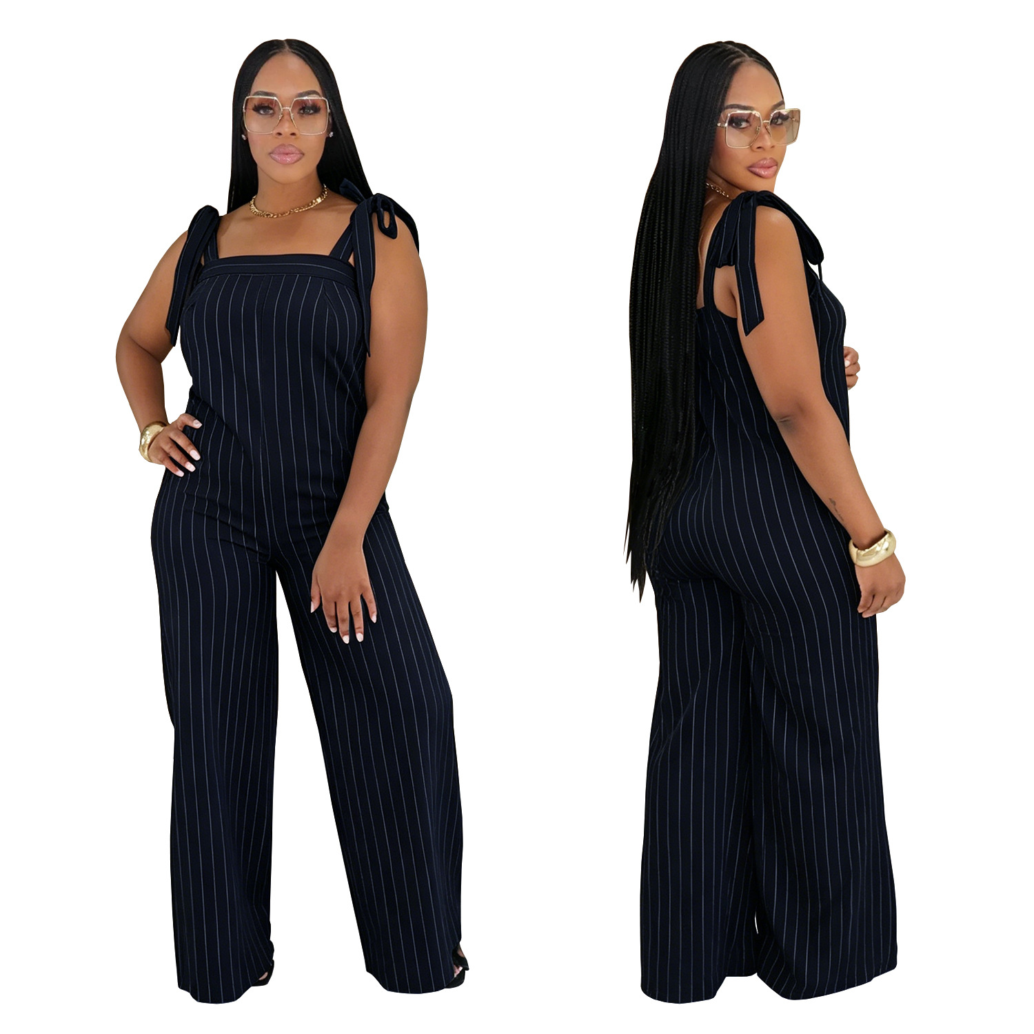 C7698 Cross-Border European And American Women's Casual Striped Strap Wide-Leg Fashion Jumpsuit_ecoleips.com