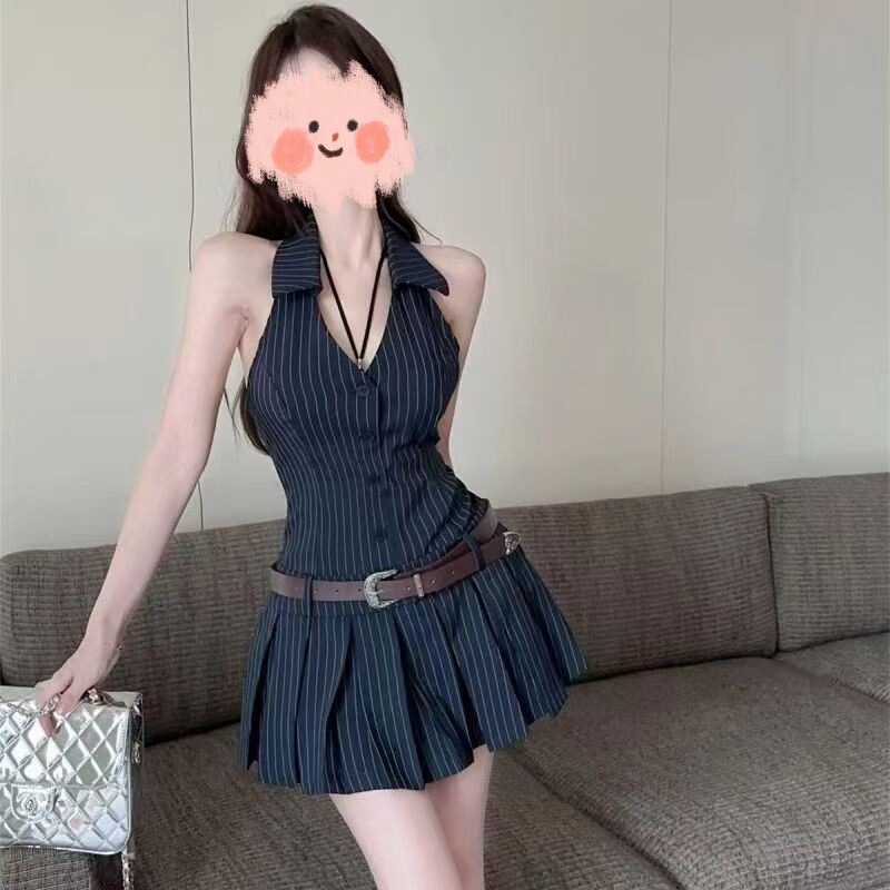 Original Fabric + Zipper + Belt V-Neck Halterneck Stripesd Dress Women's Pleated Skirt Backless Skirt Pure Lust Sexy