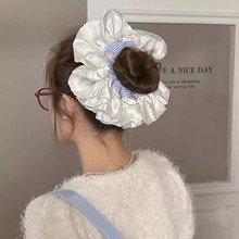 韩系超大号大肠发圈缎面蓝色条纹头绳小众高级感扎丸子头发绳头饰