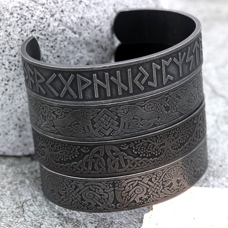 Norse Pirates Stainless Steel Distressed Bracelet Retro Viking Totem C-Shaped Bracelet Norse Pirates Stainless Steel Distressed Bracelet Retro Viking Totem C-Shaped Bracelet