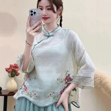 夏季国风棉麻新款复古中式刺绣钩花斜襟民族衬衫文艺盘扣茶服上衣