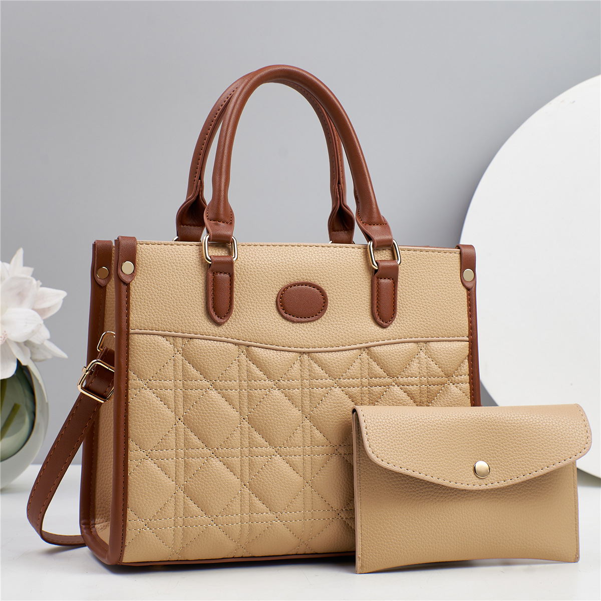 Single Shoulder Strap, Top Handle Strap Type Women's Pu Leather Color Block Classic Style Square Zipper Bag Sets
