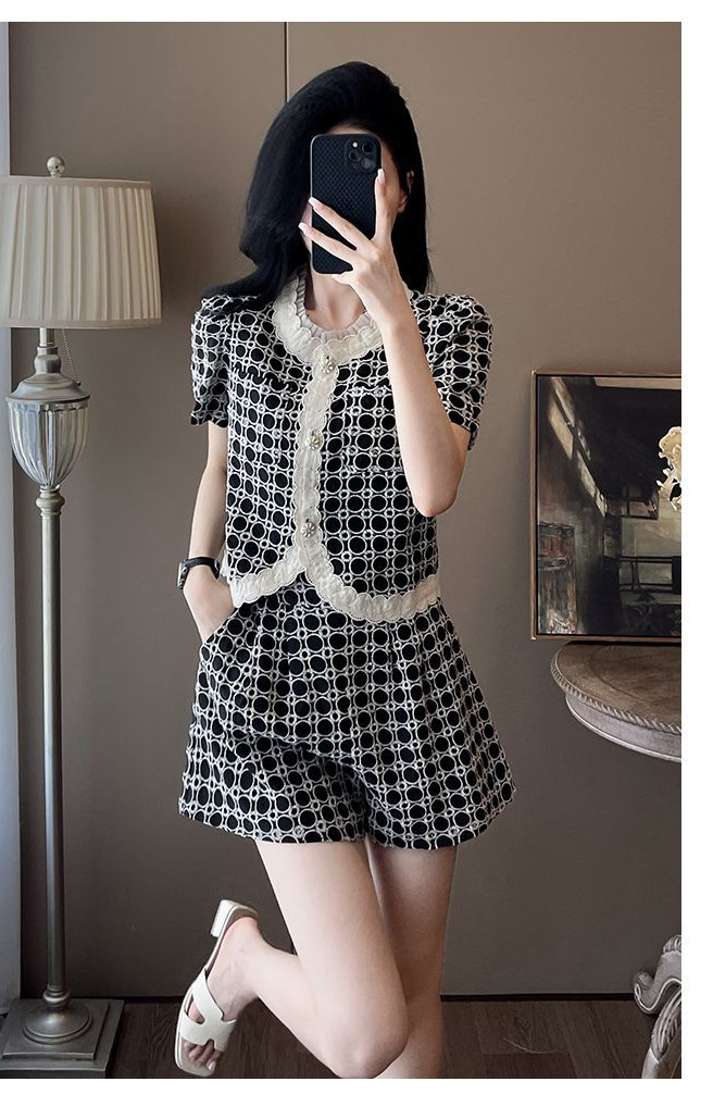 Bộ quần short nữ mùa hè phong cách tiểu hương phong 2 món — Trang phục màu đen chi tiết 8