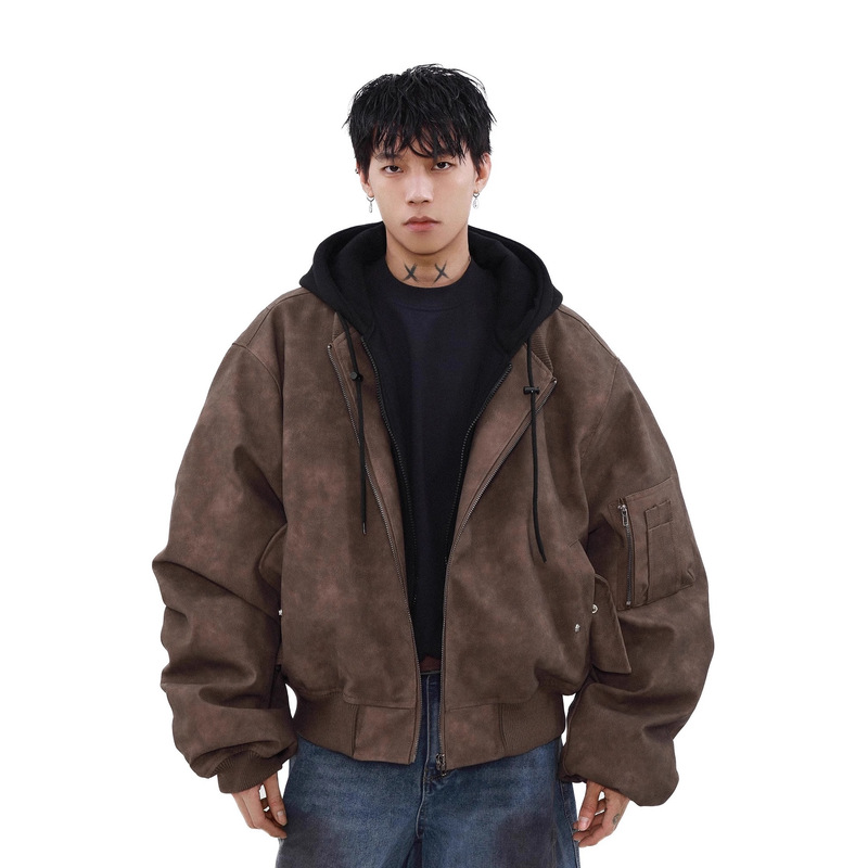 Men's Winter New Trendy Loose Versatile Couple Leather Jacket with Faux Two-Piece Patchwork Design