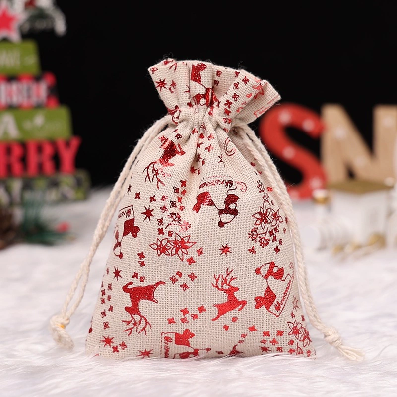 Сумка- gift с завязками из хлопка и льна, размеры 10×14 см и 13×18 см, праздничные принты к Рождеству