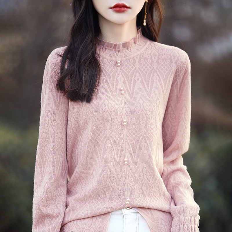2024 Spring New Half Turtle Collar Lace Worsted Wool Knitted…