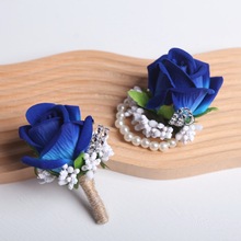 跨境热销西式欧式森系宝蓝色玫瑰新郎伴郎结婚礼胸花新娘伴娘手花