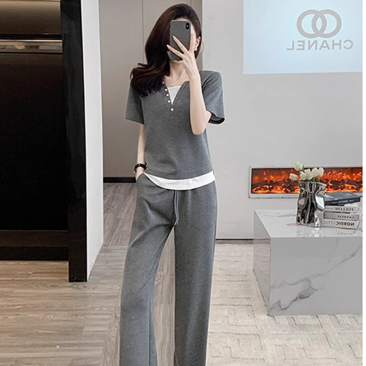 여름 여성을 위한 유럽 스탠드 캐주얼 스포츠 슈트, 슬림한 페이크 투피스 탑, 와이드 팬츠, 얇은 투피스 세트, 트렌디