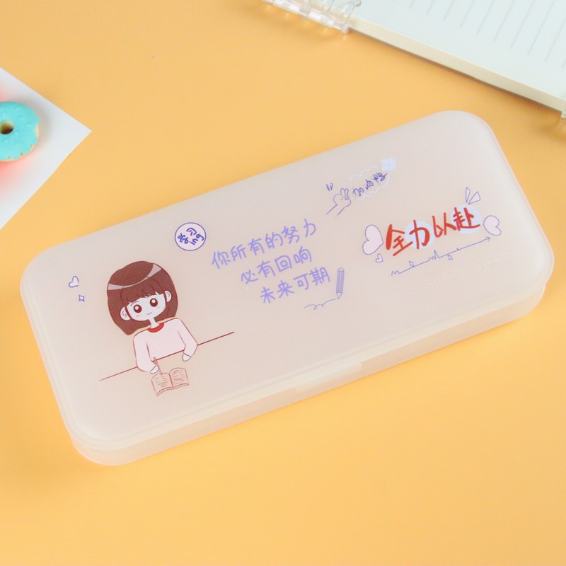 Creativo transparente color impresión papelería caja de dibujos animados estudiante de gran capacidad lápiz caso escritorio papelería caja de almacenamiento lindo lápiz