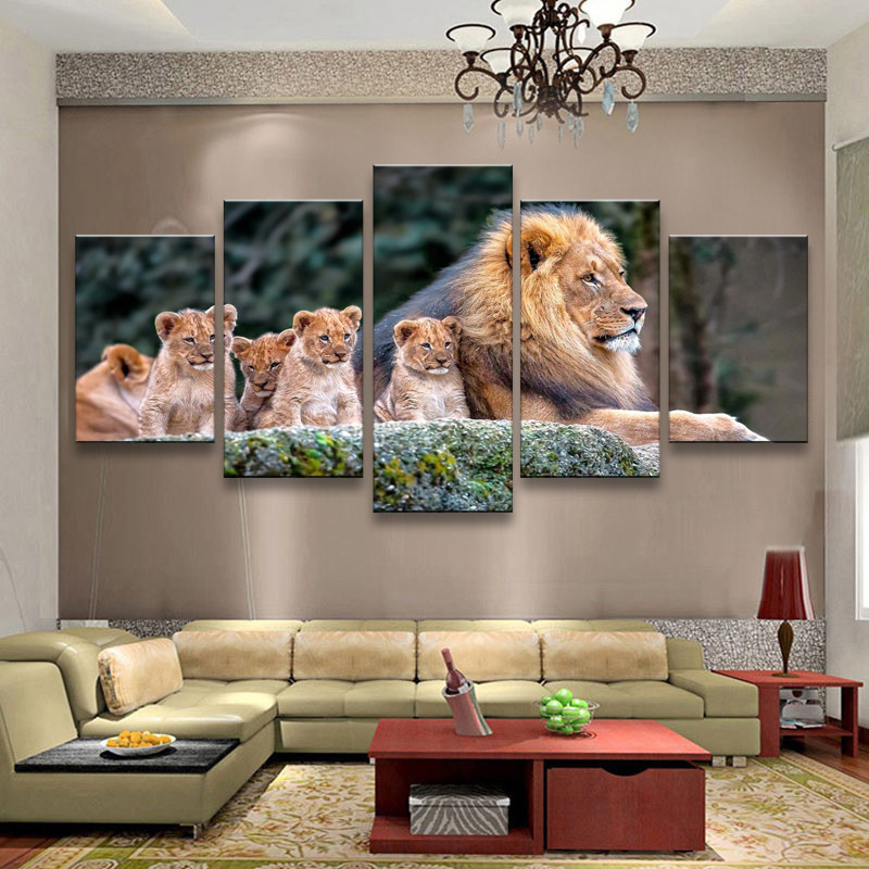 现代简约五联狮子群动物 喷绘画 创意沙发背景墙装饰画挂画油画