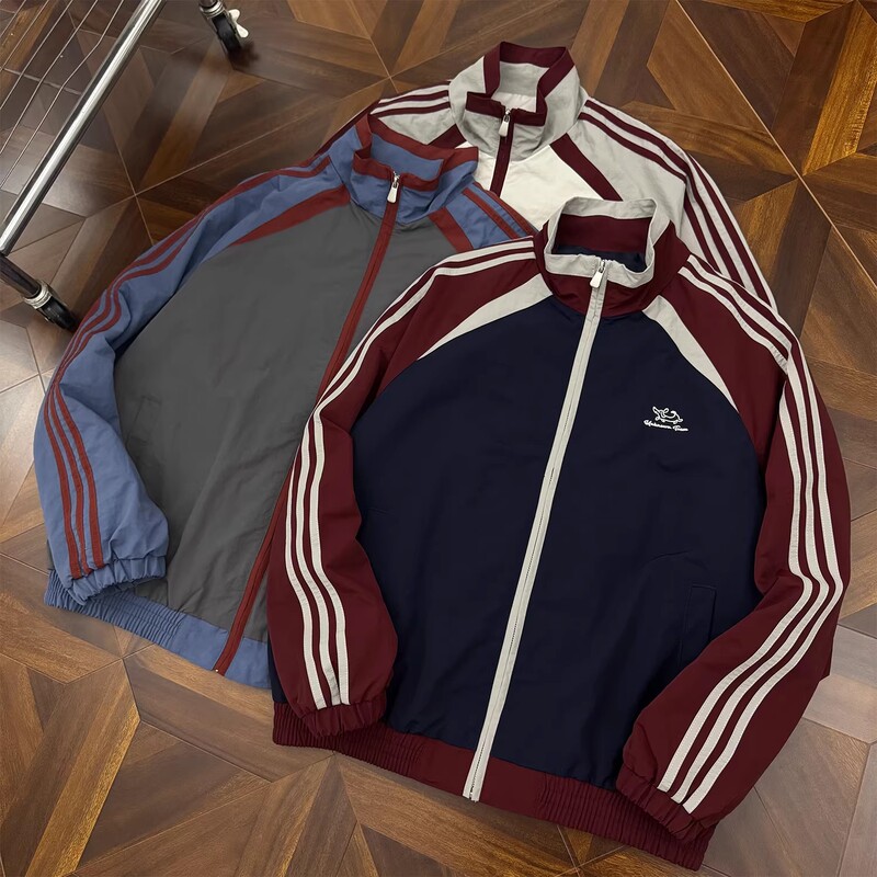 American Retro Color-Block Sports Jacket for Men, Spring High Street Striped Stand-Collar Coat, Loose-Fitting Casual Top for Couples