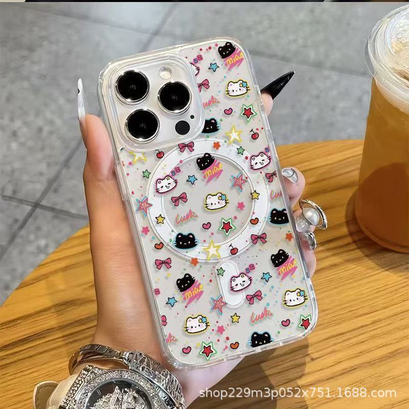 Transparent magnetic phone case with black and white cat design, suitable for Apple 17/16/14/13 Pro Max and 12/1 Transparent magnetic phone case with black and white cat design, suitable for Apple 17/16/14/13 Pro Max and 12/1