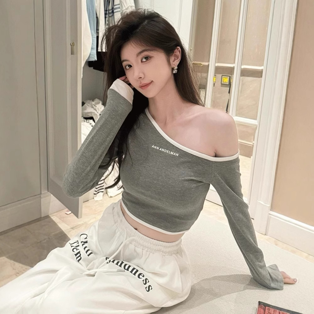 [하이 퀄리티] 24SS 초가을 새 편지 인쇄 비스듬한 어깨 열려있는 긴 소매 티셔츠 슬림 짧은 최고 여성