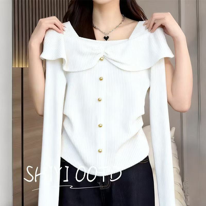 Korean Pleated Ruffled Long-Sleeved T-Shirt for Women in Autum New Slimming Look Unique and Beautiful Western Style Knitted Top Korean Pleated Ruffled Long-Sleeved T-Shirt for Women in Autum New Slimming Look Unique and Beautiful Western Style Knitted Top