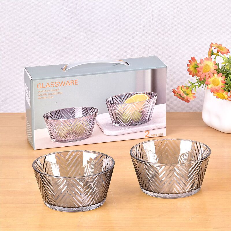 Nordic Grey Glass Salah Bowl Three-piece Set Household Striped Leaf Bowl Set Large Foreign Trade Full English Packaging