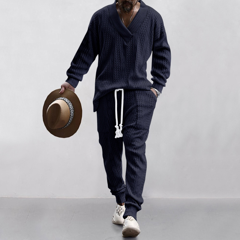 2026 estación independiente transfronteriza Europa y América ropa de hombre primavera y otoño conjunto de pantalones casuales de cuello en V jersey jacquard universal
