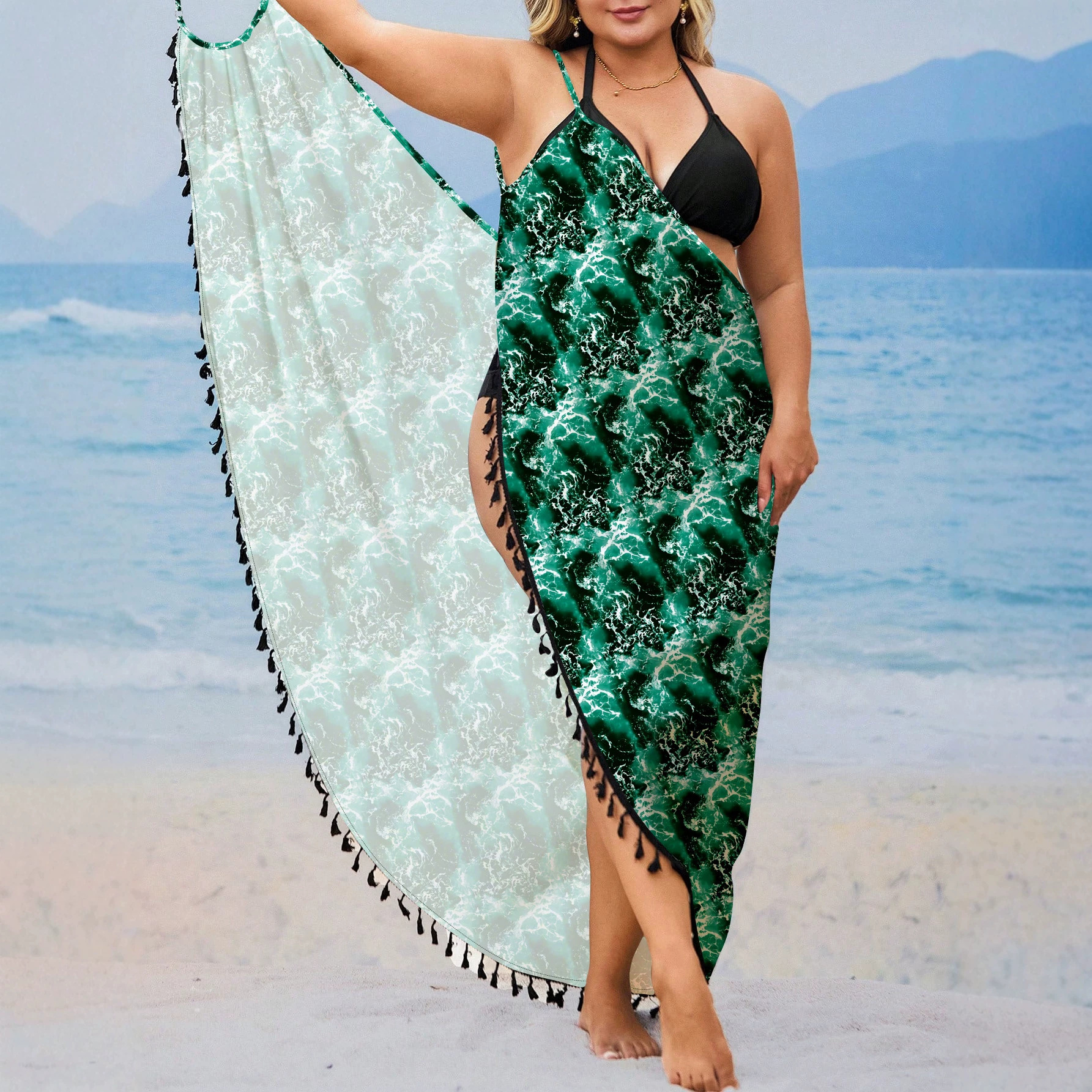 Vestido Playero Estampado de Protección Solar para Mujer de Poliéster con Borlas para Playa