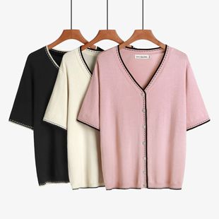 2025 New Summer Style British Style Thin Fashionable Women's Tops V Neck Ice Silk Casual Versatile Short-Sleeved Knitwear T-Shirt