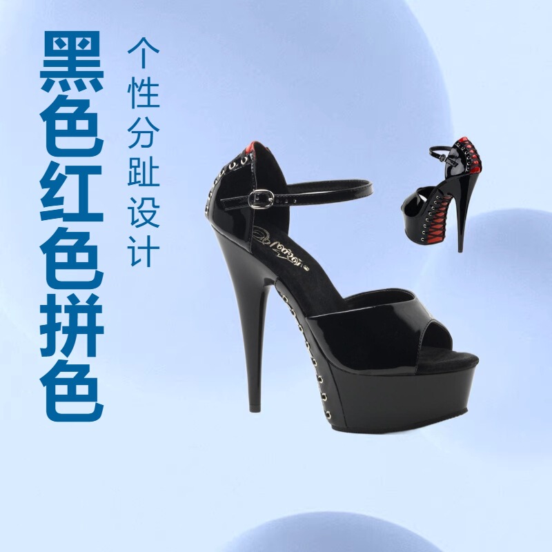 Cross-Border Hot-Selling Foreign Trade Model Heels Black Red Color Matching Black Thick-Soled Sandals with Stiletto Heels