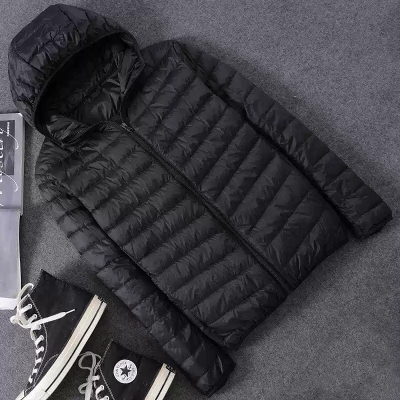 Light and thin men's down jacket with down with hood, plus size, slim fit