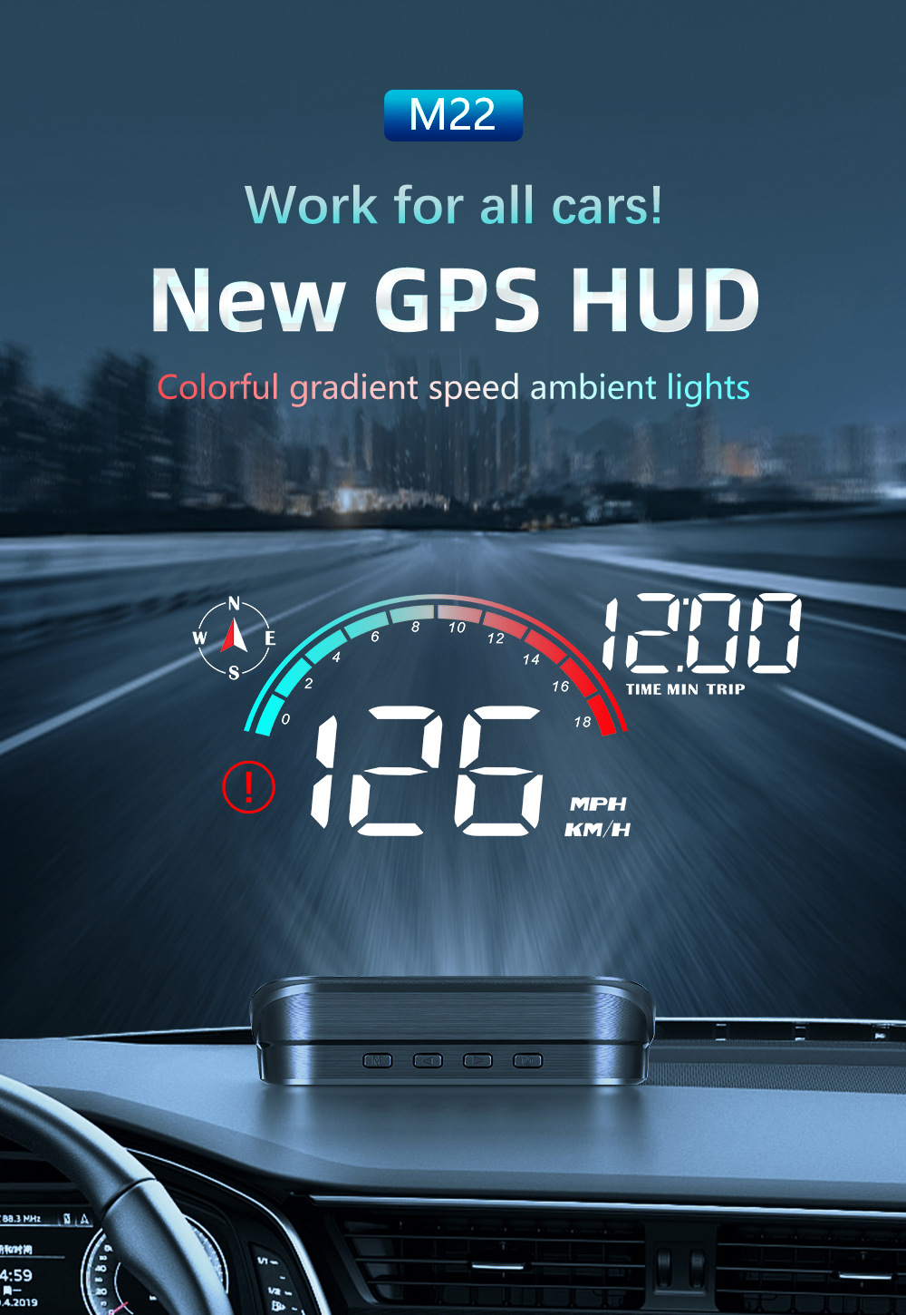 M22 Car-Mounted Hud Head-Up Display Universal for Cars, Beidou Satellite Speed Detector, Multifunctional Portable Screen