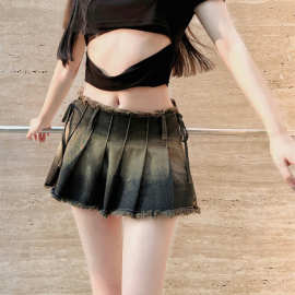 辣妹甜美炸街牛仔超短裙女百搭高腰显瘦修身设计感不规则百褶短裙