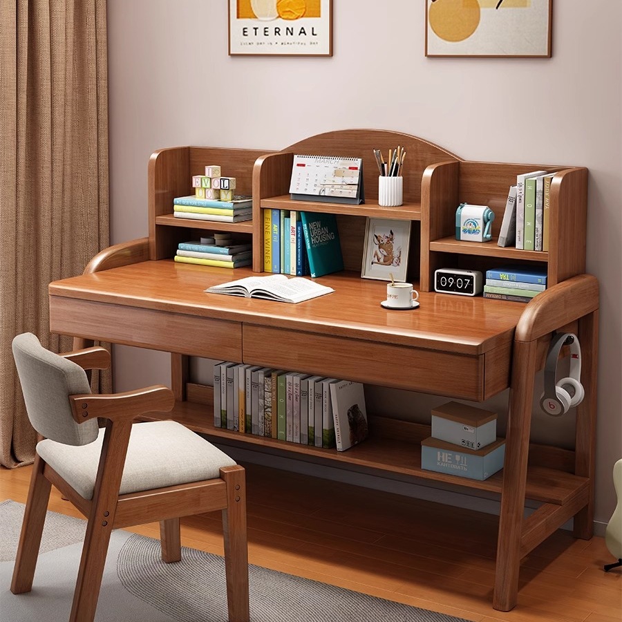 Solid Wood Children's Study Table, Primary and Secondary School Students' Home Bookshelf Integrated Table, Bedroom Liftable Children's Writing Desk and Chair